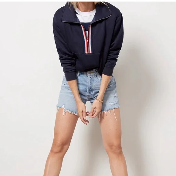 Evereve Chelsea Half Zip Long Sleeve Navy Blue Rainbow Zip Sweatshirt Small - Picture 2 of 14